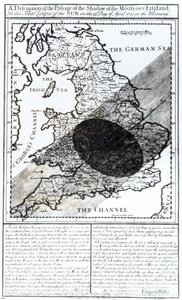 Egy térkép, amely a Hold árnyékának áthaladását mutatja Anglia felett 1715. április 22-én, John Senex metszetével, 1715
